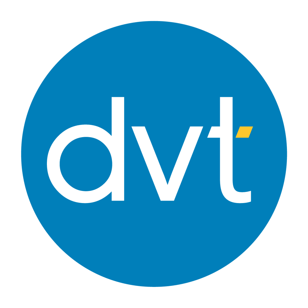 White DVT logo on blue circle