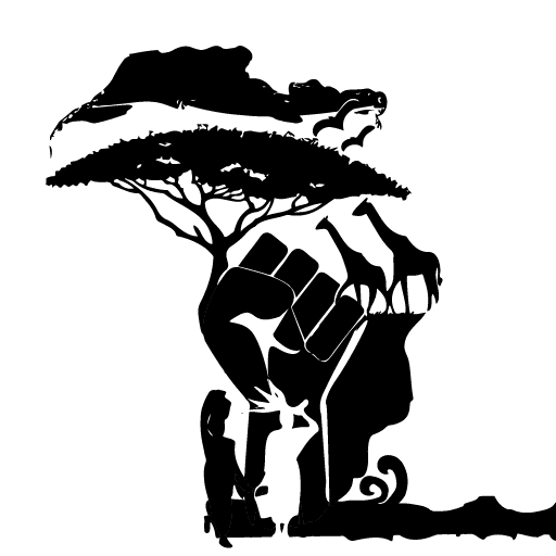 Black shadows against white background. The collection of shapes together make up the shape of the continent of africa. The shapes include a woman, a fist, 2 giraffes, a baobab tree, mountains