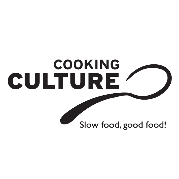 Watermark the words Cooking culture with a simplified outline of spoon. To signify food being your medicine. Slogan "Slow food, good food" below spoon