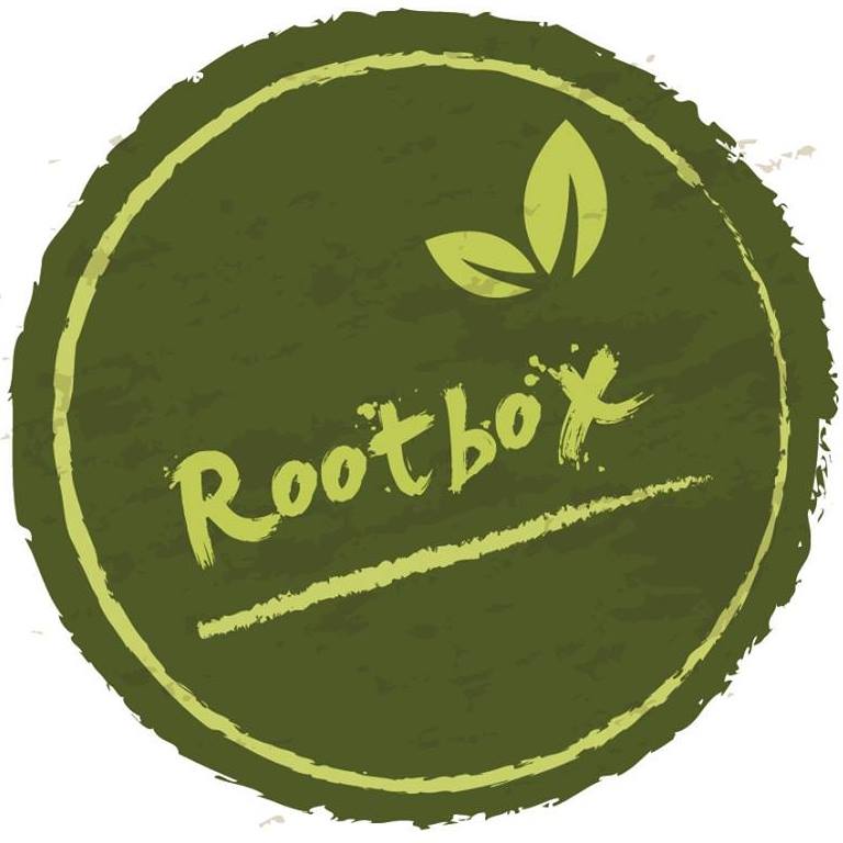 Dark green circular logo with light green rootbox logo in the centre. 2 green leaves are sprouting up above the letters "box"