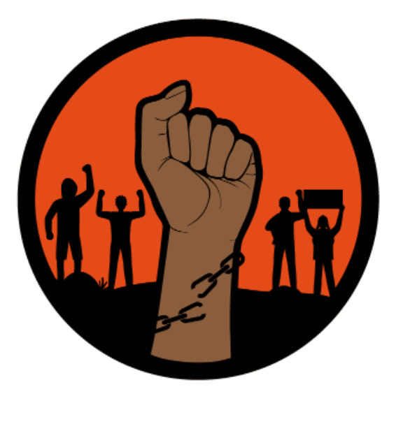 Fist with chains in foreground with shadows of protesting people in the background against an orange sunset sky
